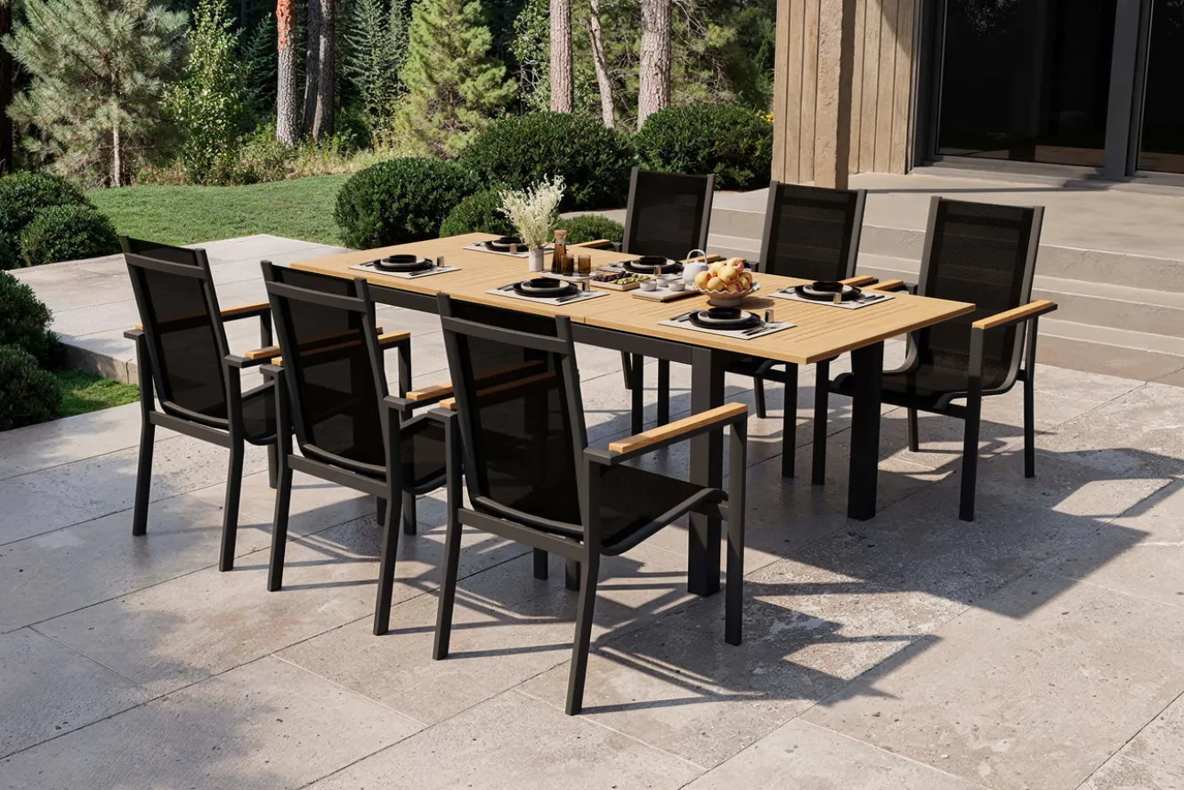 OUTFLEXX Garten-Essgruppe, anthrazit matt, Alu/Teak/Textilene, Tisch 150/210 x 90 cm, 6 Stapelsessel