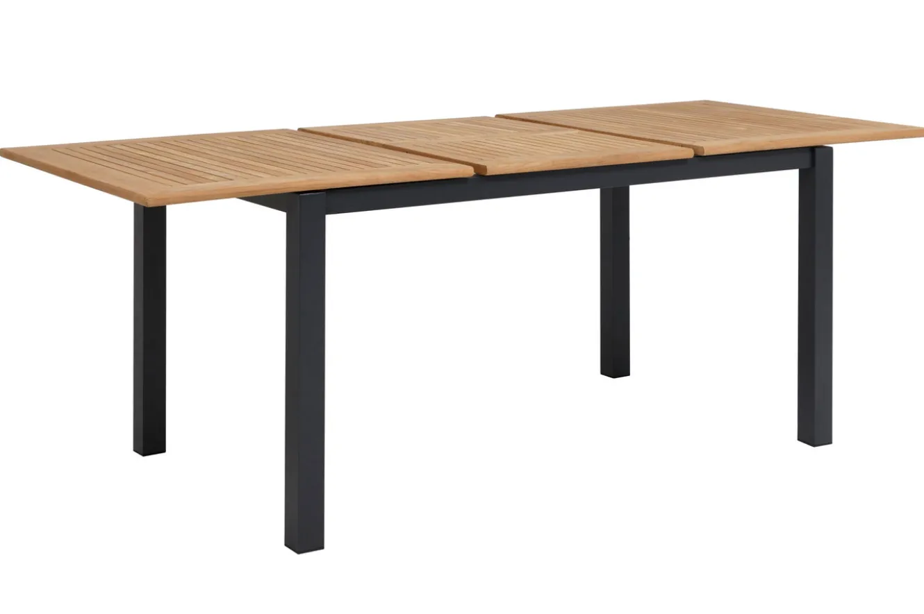 OUTFLEXX Garten-Essgruppe, anthrazit matt, Alu/Teak/Textilene, Tisch 150/210 x 90 cm, 6 Stapelsessel