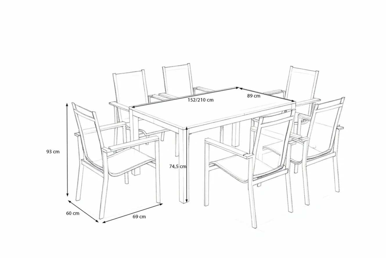 OUTFLEXX Garten-Essgruppe, anthrazit matt, Alu/Teak/Textilene, Tisch 150/210 x 90 cm, 6 Stapelsessel