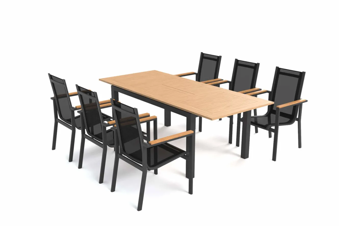 OUTFLEXX Garten-Essgruppe, anthrazit matt, Alu/Teak/Textilene, Tisch 150/210 x 90 cm, 6 Stapelsessel