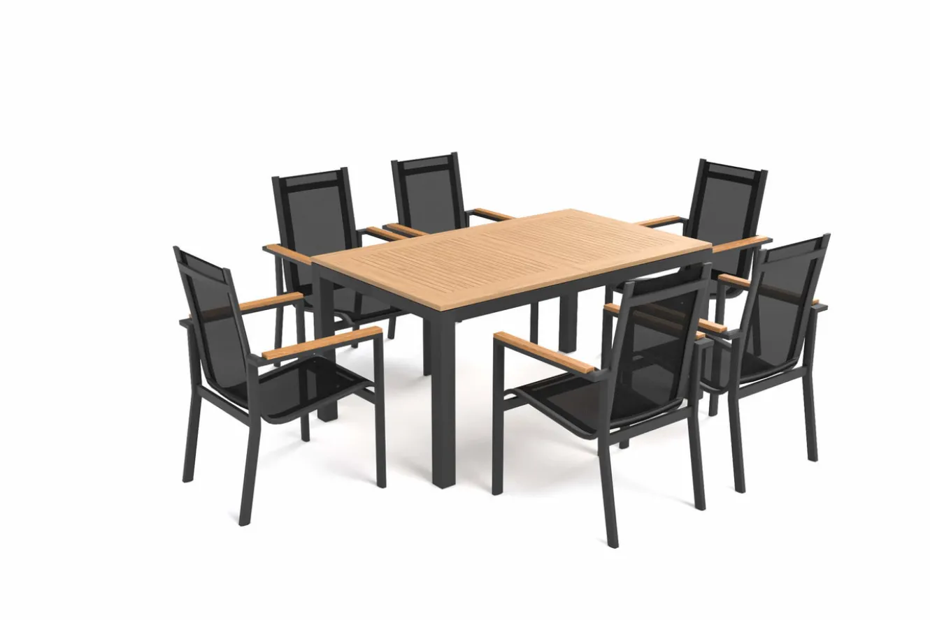 OUTFLEXX Garten-Essgruppe, anthrazit matt, Alu/Teak/Textilene, Tisch 150/210 x 90 cm, 6 Stapelsessel