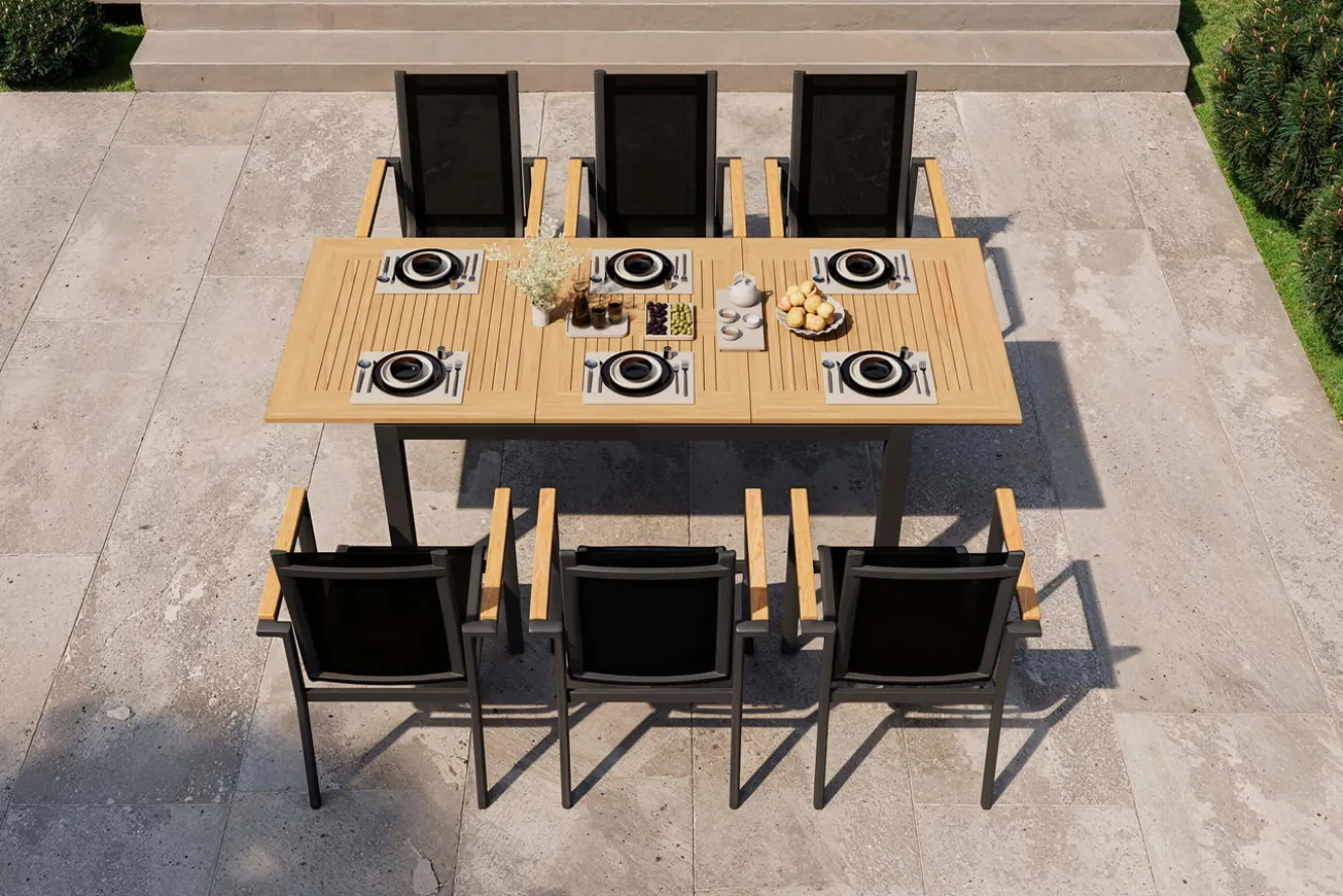 OUTFLEXX Garten-Essgruppe, anthrazit matt, Alu/Teak/Textilene, Tisch 150/210 x 90 cm, 6 Stapelsessel