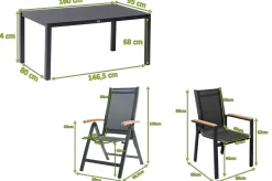 OUTFLEXX Garten-Essgruppe, anthrazit matt, Alu/Spraystone/Textilen, 160x95 cm, 4 Sessel, 2 Klappstühle, Teak Armlehnen