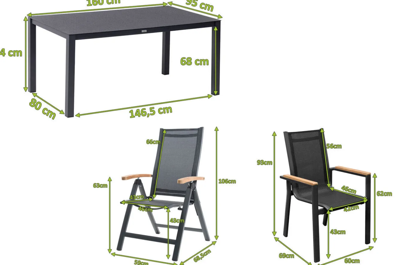 OUTFLEXX Garten-Essgruppe, anthrazit matt, Alu/Spraystone/Textilen, 160x95 cm, 4 Sessel, 2 Klappstühle, Teak Armlehnen