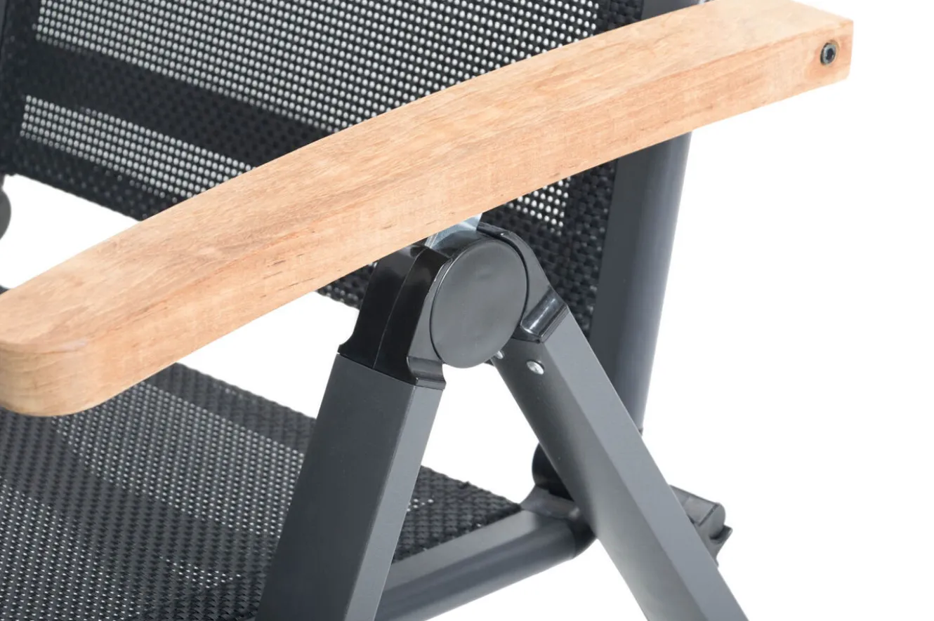 OUTFLEXX Garten-Essgruppe, anthrazit matt, Alu/Spraystone/Textilen, 160x95 cm, 4 Sessel, 2 Klappstühle, Teak Armlehnen