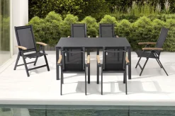 OUTFLEXX Garten-Essgruppe, anthrazit matt, Alu/Spraystone/Textilen, 160x95 cm, 4 Sessel, 2 Klappstühle, Teak Armlehnen
