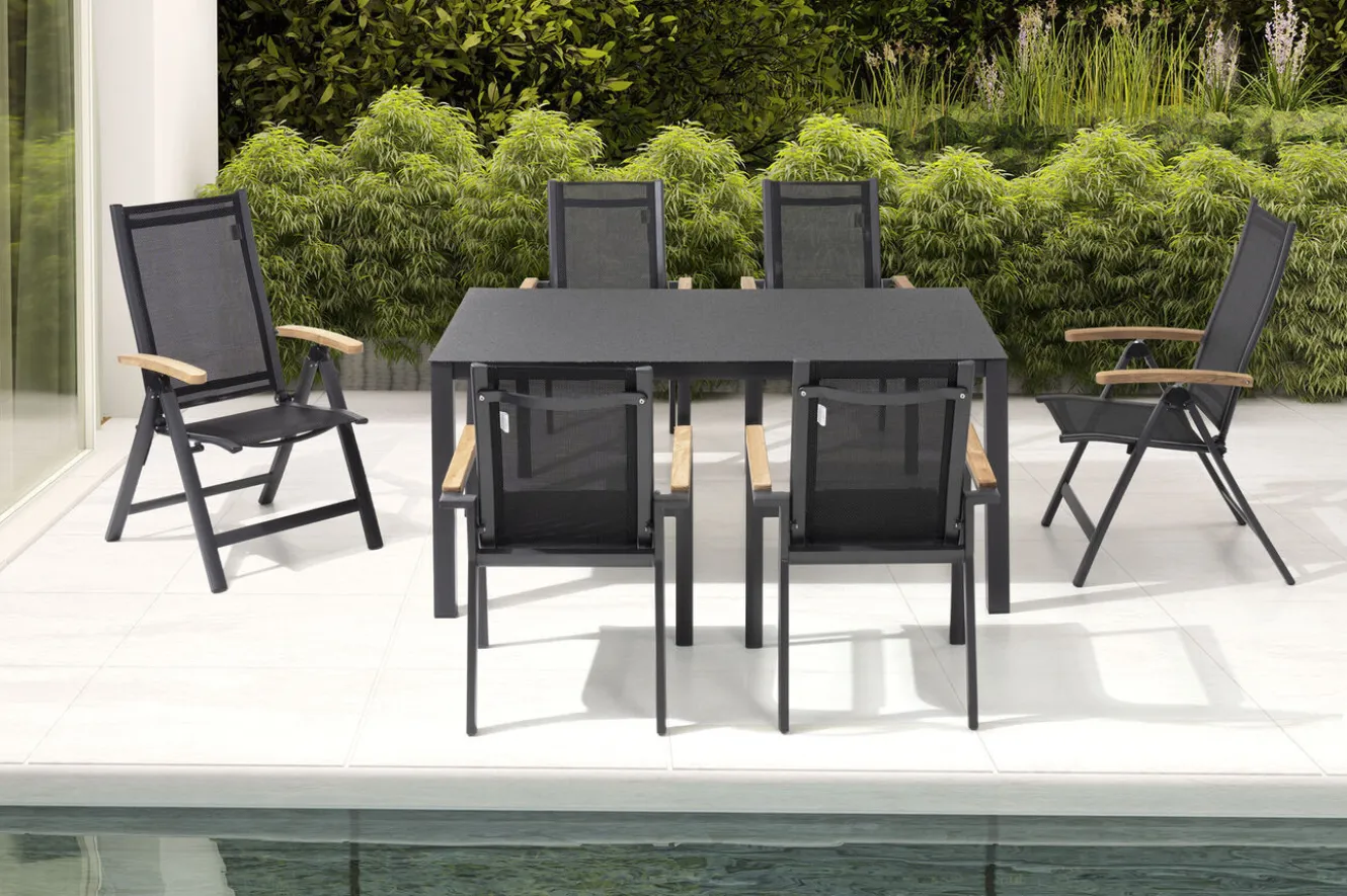 OUTFLEXX Garten-Essgruppe, anthrazit matt, Alu/Spraystone/Textilen, 160x95 cm, 4 Sessel, 2 Klappstühle, Teak Armlehnen