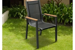 OUTFLEXX Garten-Essgruppe, anthrazit matt, Alu/Spraystone/Textilen, 160x95 cm, 4 Sessel, 2 Klappstühle, Teak Armlehnen