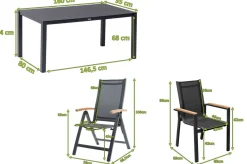 OUTFLEXX Garten-Essgruppe, anthrazit matt, Alu/Spraystone/Textilen, 160x95 cm, 4 Sessel, 2 Klappstühle, Teak Armlehnen
