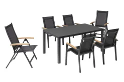 OUTFLEXX Garten-Essgruppe, anthrazit matt, Alu/Spraystone/Textilen, 160x95 cm, 4 Sessel, 2 Klappstühle, Teak Armlehnen