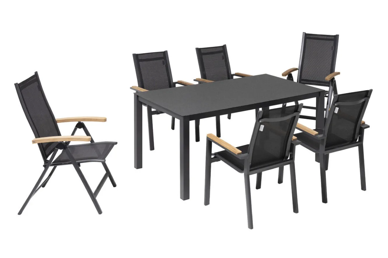 OUTFLEXX Garten-Essgruppe, anthrazit matt, Alu/Spraystone/Textilen, 160x95 cm, 4 Sessel, 2 Klappstühle, Teak Armlehnen