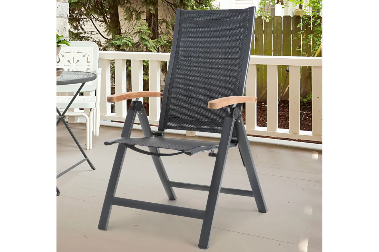 OUTFLEXX Garten-Essgruppe, anthrazit matt, Alu/Spraystone/Textilen, 160x95 cm, 4 Sessel, 2 Klappstühle, Teak Armlehnen