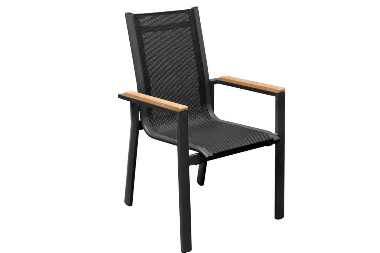 OUTFLEXX Garten-Essgruppe, anthrazit matt, Alu/Spraystone/Textilen, 160x95 cm, 4 Sessel, 2 Klappstühle, Teak Armlehnen