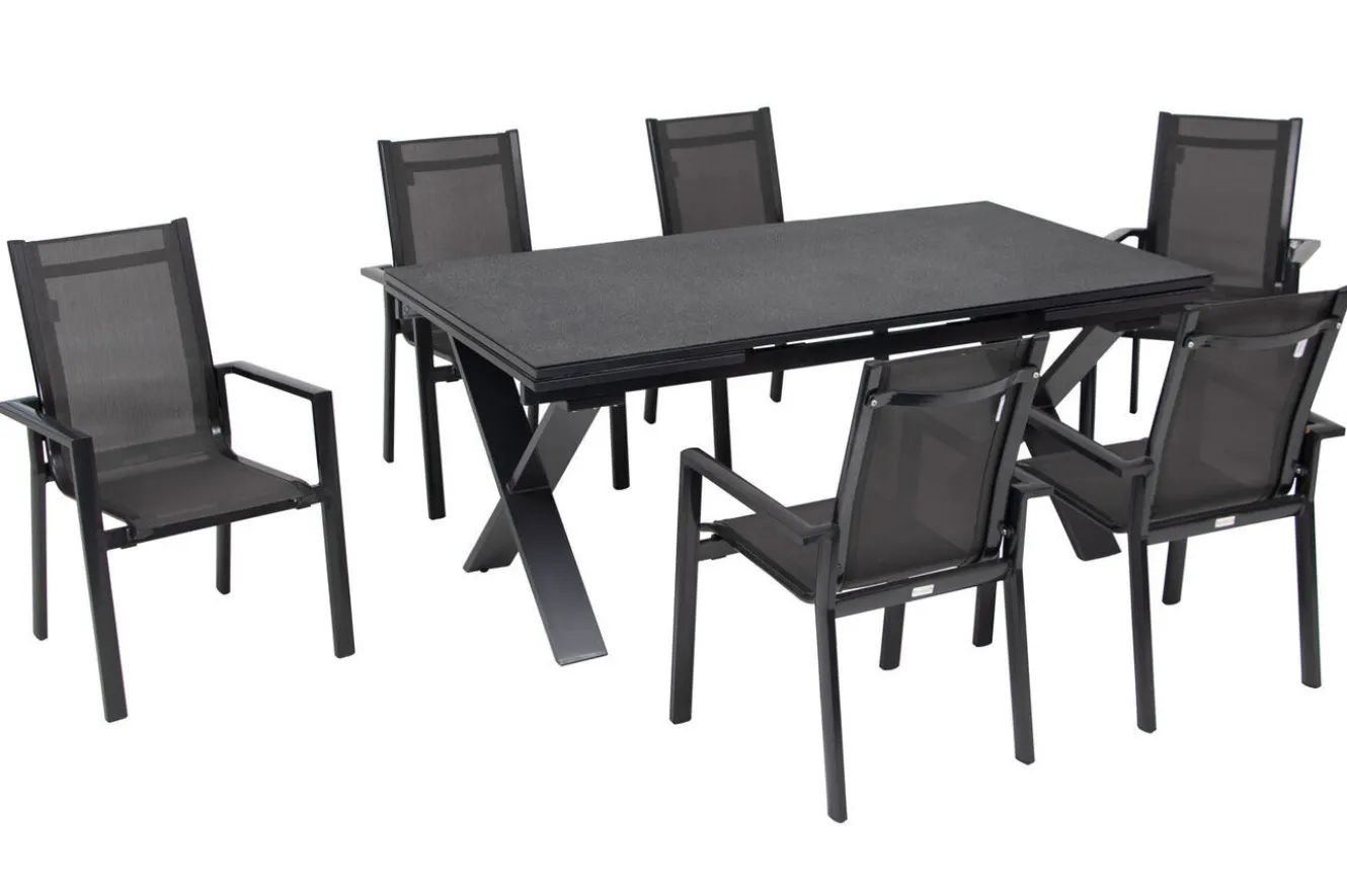 OUTFLEXX Garten-Essgruppe, anthrazit, Alu / Keramik / Textil, 180/280x100cm, 6 Stapelsessel