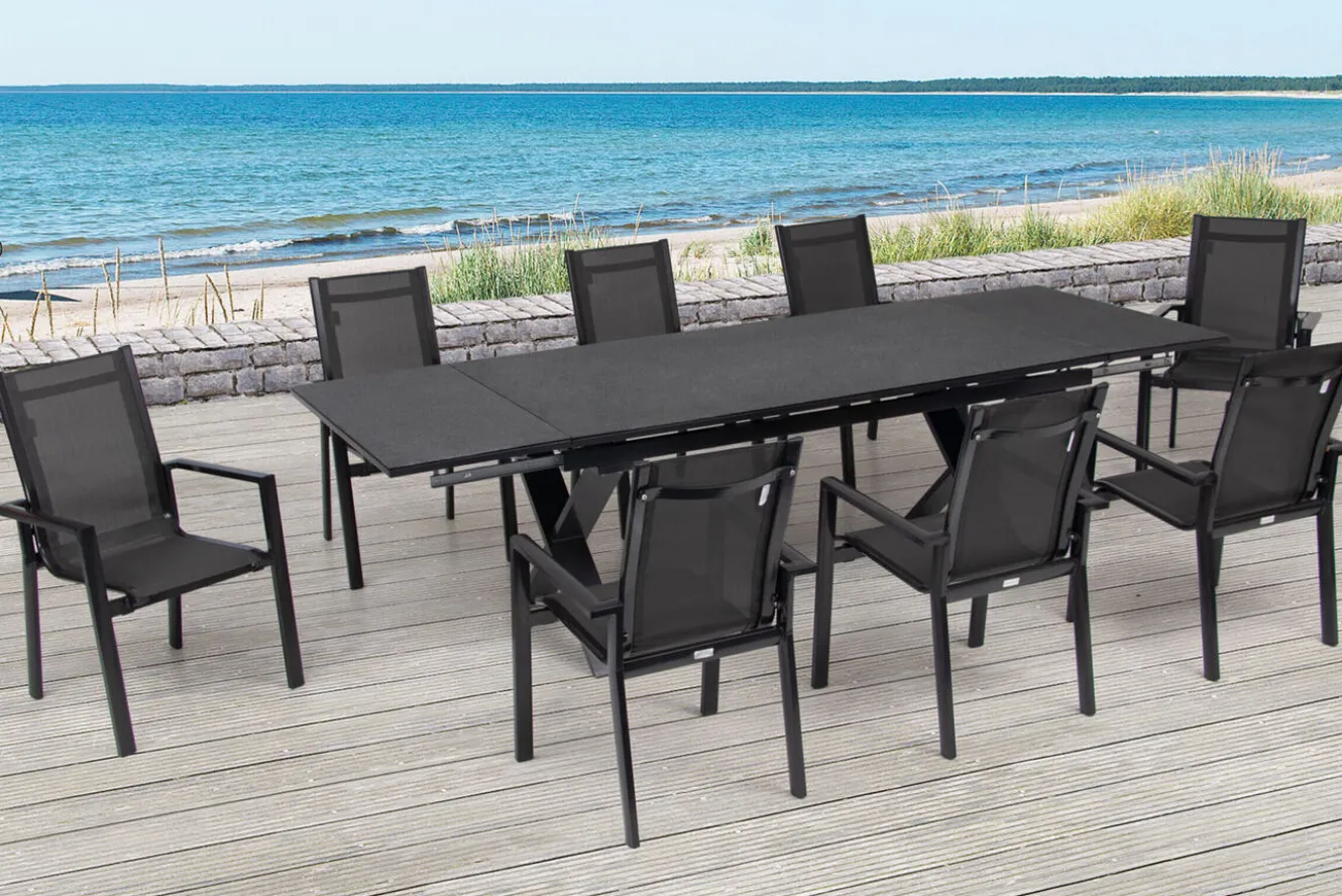 OUTFLEXX Garten-Essgruppe, anthrazit, Alu / Keramik / Textil, 180/280x100cm, 8 Stapelsessel