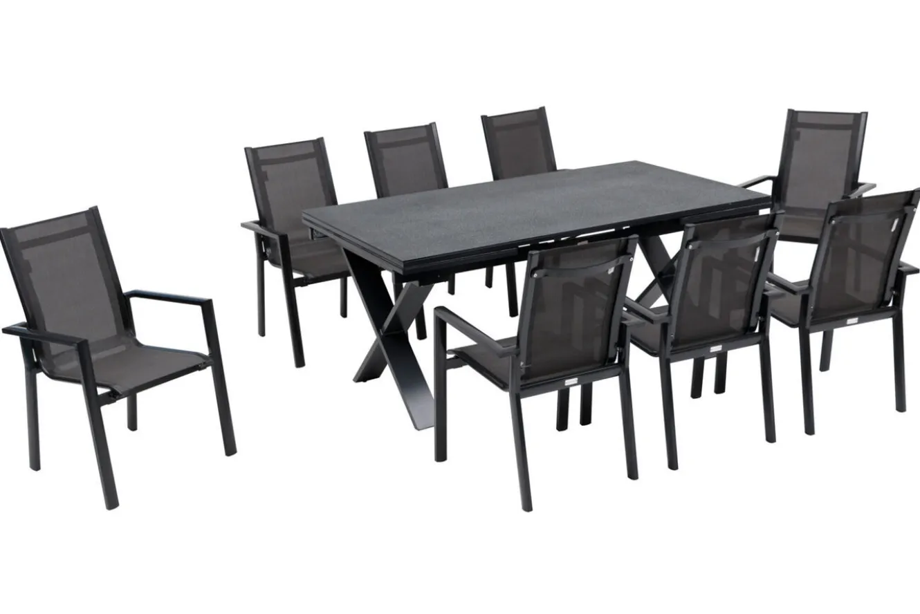 OUTFLEXX Garten-Essgruppe, anthrazit, Alu / Keramik / Textil, 180/280x100cm, 8 Stapelsessel