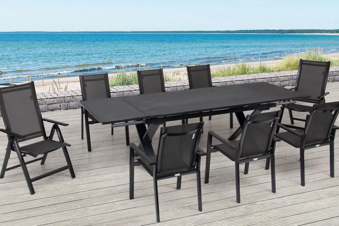 OUTFLEXX Garten-Essgruppe, anthrazit, Alu / Keramik / Textil, 180/280x100cm, 2 Klappstühle, 6 Stapelsessel