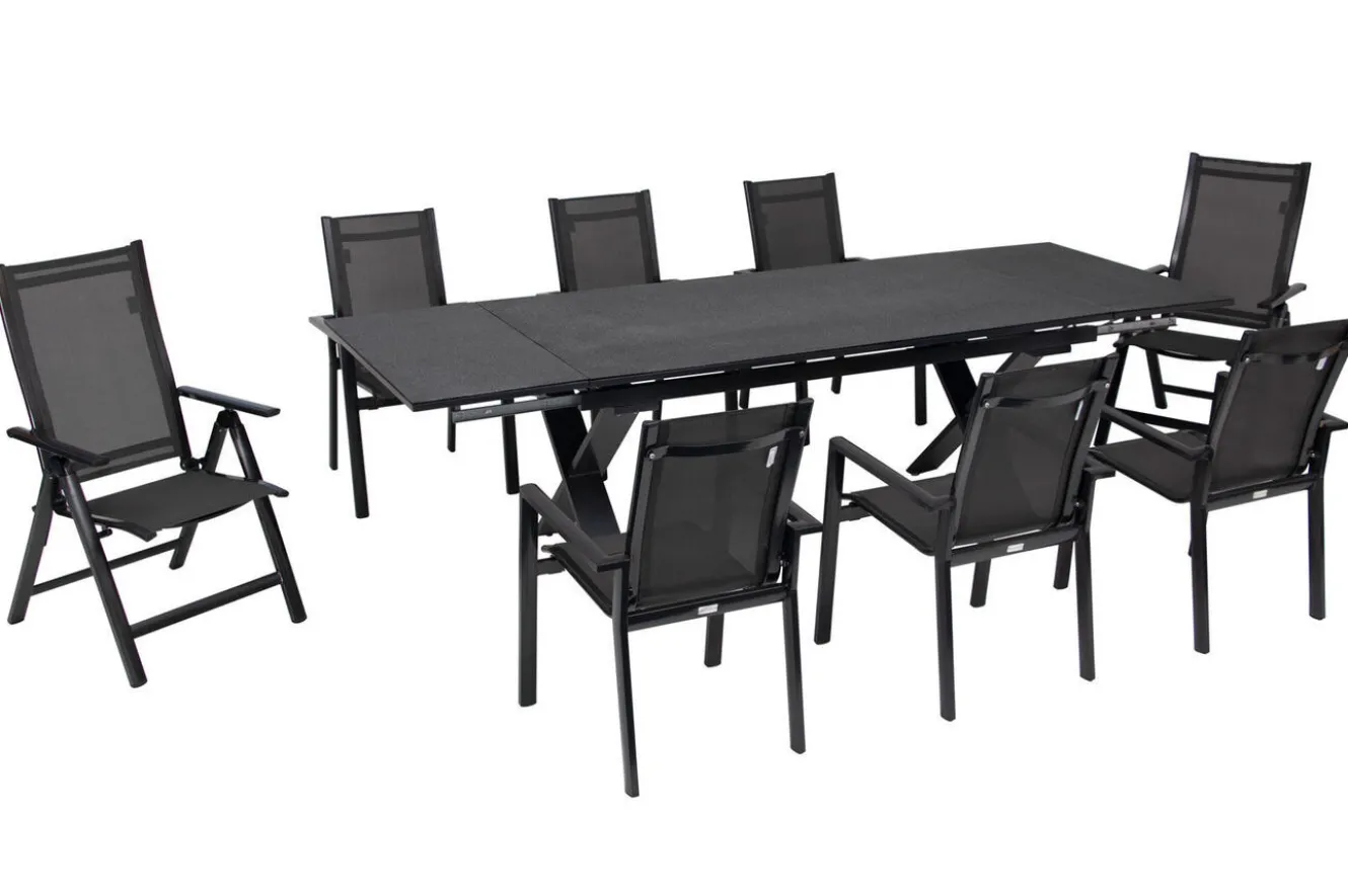 OUTFLEXX Garten-Essgruppe, anthrazit, Alu / Keramik / Textil, 180/280x100cm, 2 Klappstühle, 6 Stapelsessel