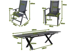 OUTFLEXX Garten-Essgruppe, anthrazit, Alu / Keramik / Textil, 180/280x100cm, 2 Klappstühle, 6 Stapelsessel