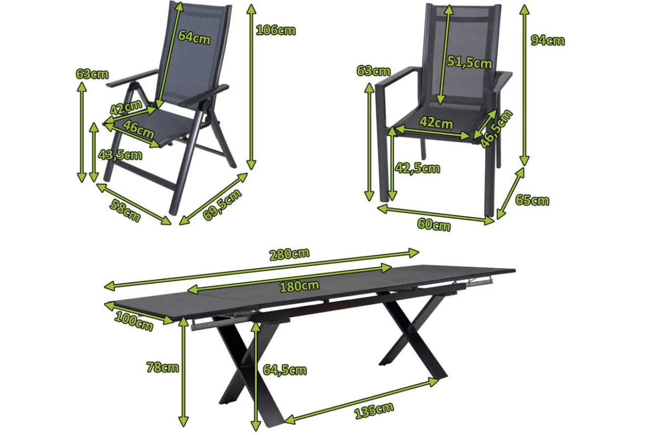 OUTFLEXX Garten-Essgruppe, anthrazit, Alu / Keramik / Textil, 180/280x100cm, 2 Klappstühle, 6 Stapelsessel