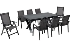 OUTFLEXX Garten-Essgruppe, anthrazit, Alu / Keramik / Textil, 180/280x100cm, 2 Klappstühle, 6 Stapelsessel