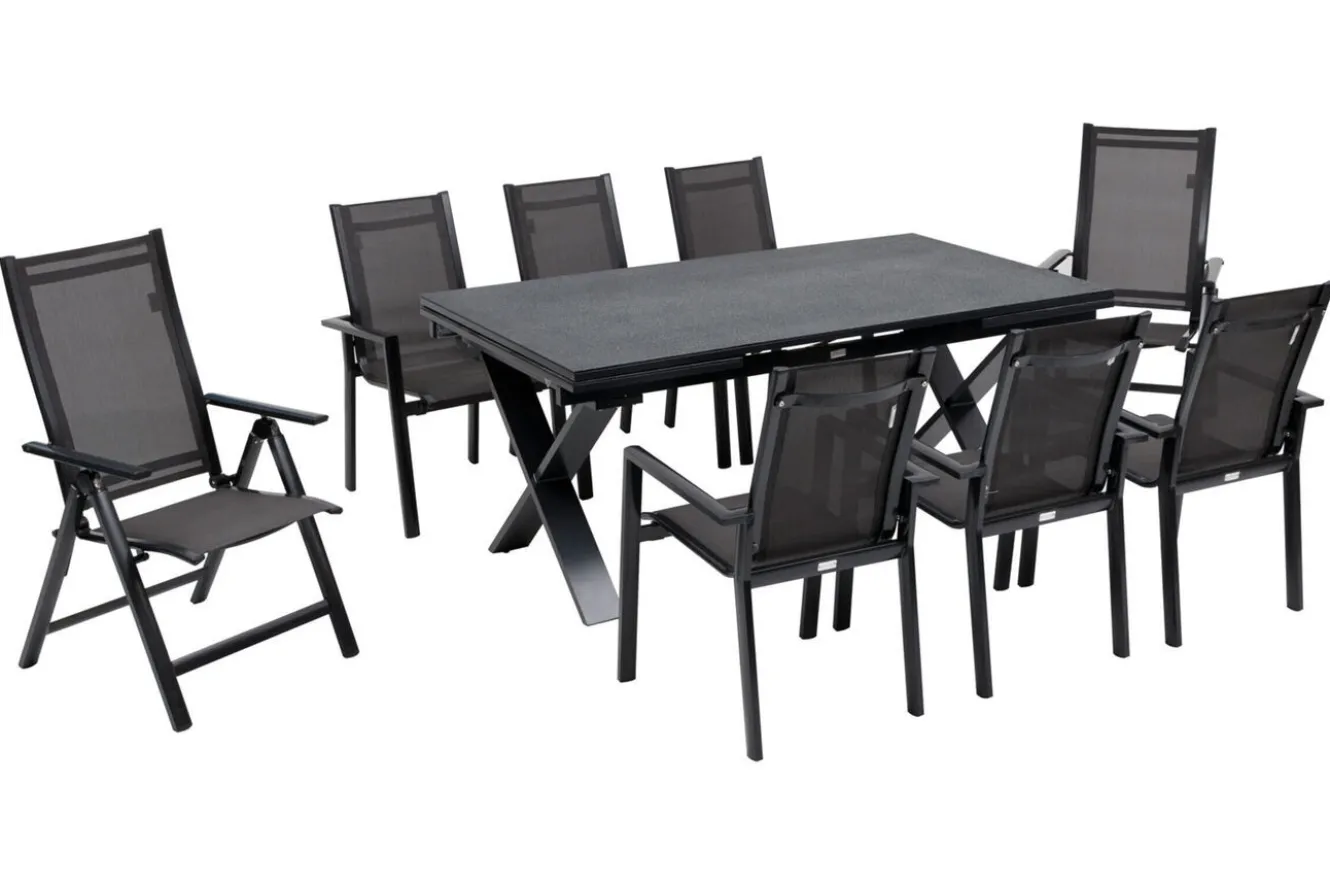 OUTFLEXX Garten-Essgruppe, anthrazit, Alu / Keramik / Textil, 180/280x100cm, 2 Klappstühle, 6 Stapelsessel