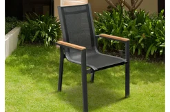 OUTFLEXX Garten-Essgruppe, anthrazit matt, Alu/Spraystone/Textilen, 160x95 cm, 4 Sessel, Teak Armlehnen
