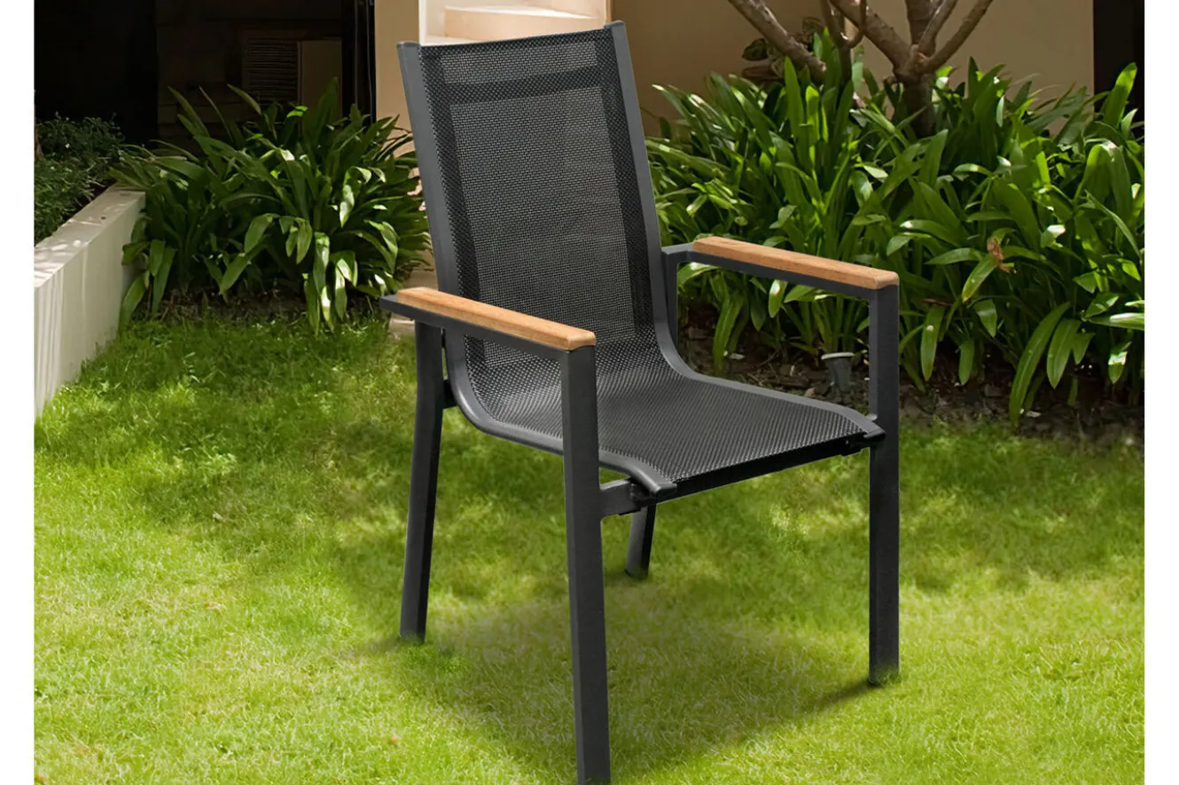 OUTFLEXX Garten-Essgruppe, anthrazit matt, Alu/Spraystone/Textilen, 160x95 cm, 4 Sessel, Teak Armlehnen