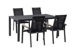 OUTFLEXX Garten-Essgruppe, anthrazit matt, Alu/Spraystone/Textilen, 160x95 cm, 4 Sessel, Teak Armlehnen