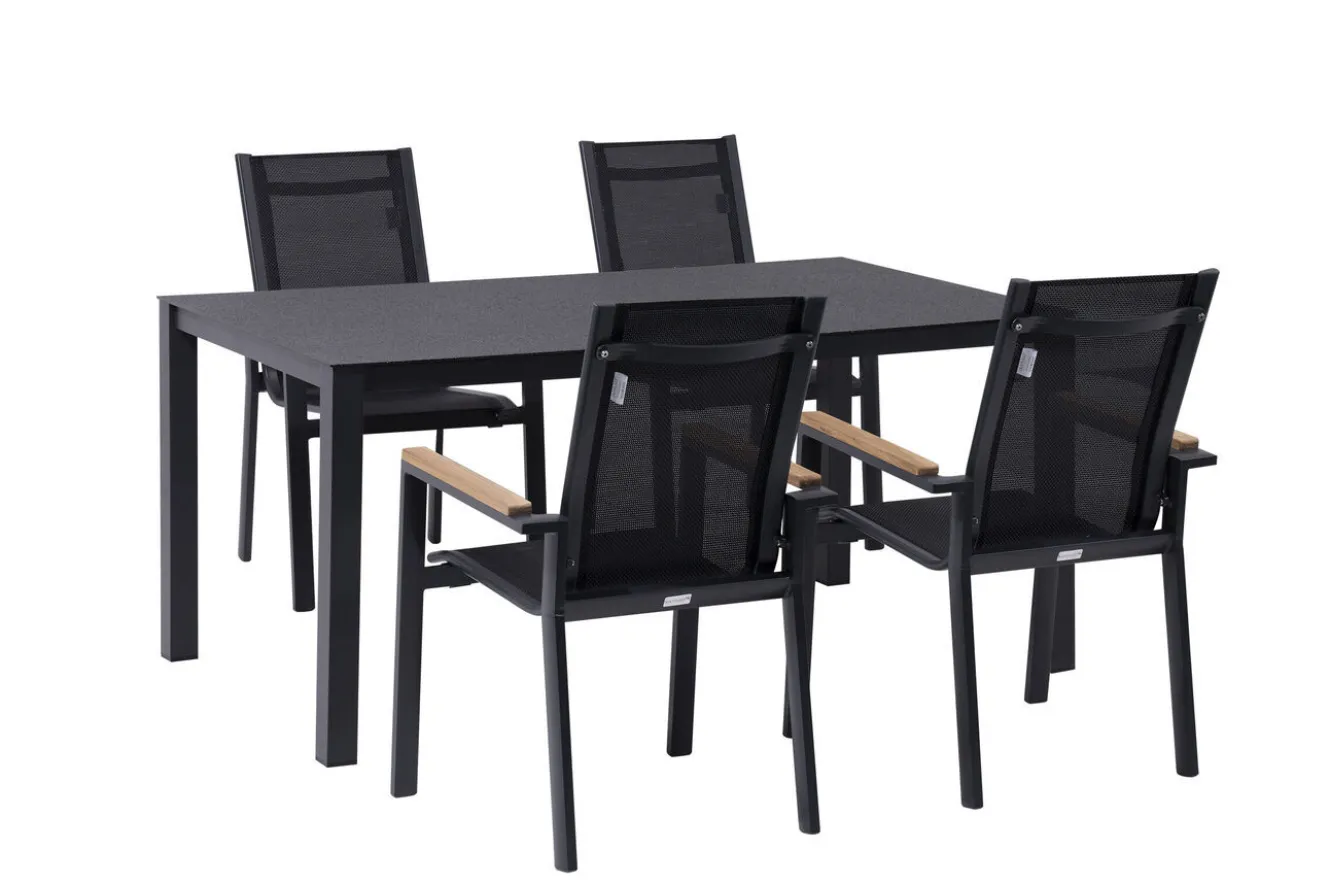 OUTFLEXX Garten-Essgruppe, anthrazit matt, Alu/Spraystone/Textilen, 160x95 cm, 4 Sessel, Teak Armlehnen