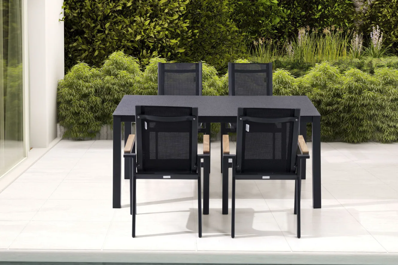 OUTFLEXX Garten-Essgruppe, anthrazit matt, Alu/Spraystone/Textilen, 160x95 cm, 4 Sessel, Teak Armlehnen