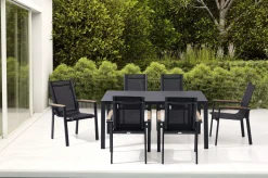 OUTFLEXX Garten-Essgruppe, anthrazit matt, Alu/Spraystone/Textilen, 160x95 cm, 6 Sessel, Teak Armlehnen