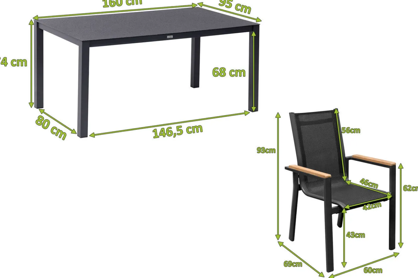 OUTFLEXX Garten-Essgruppe, anthrazit matt, Alu/Spraystone/Textilen, 160x95 cm, 6 Sessel, Teak Armlehnen