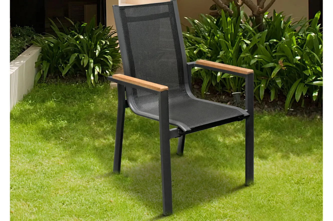 OUTFLEXX Garten-Essgruppe, anthrazit matt, Alu/Spraystone/Textilen, 160x95 cm, 6 Sessel, Teak Armlehnen
