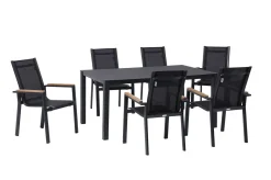 OUTFLEXX Garten-Essgruppe, anthrazit matt, Alu/Spraystone/Textilen, 160x95 cm, 6 Sessel, Teak Armlehnen