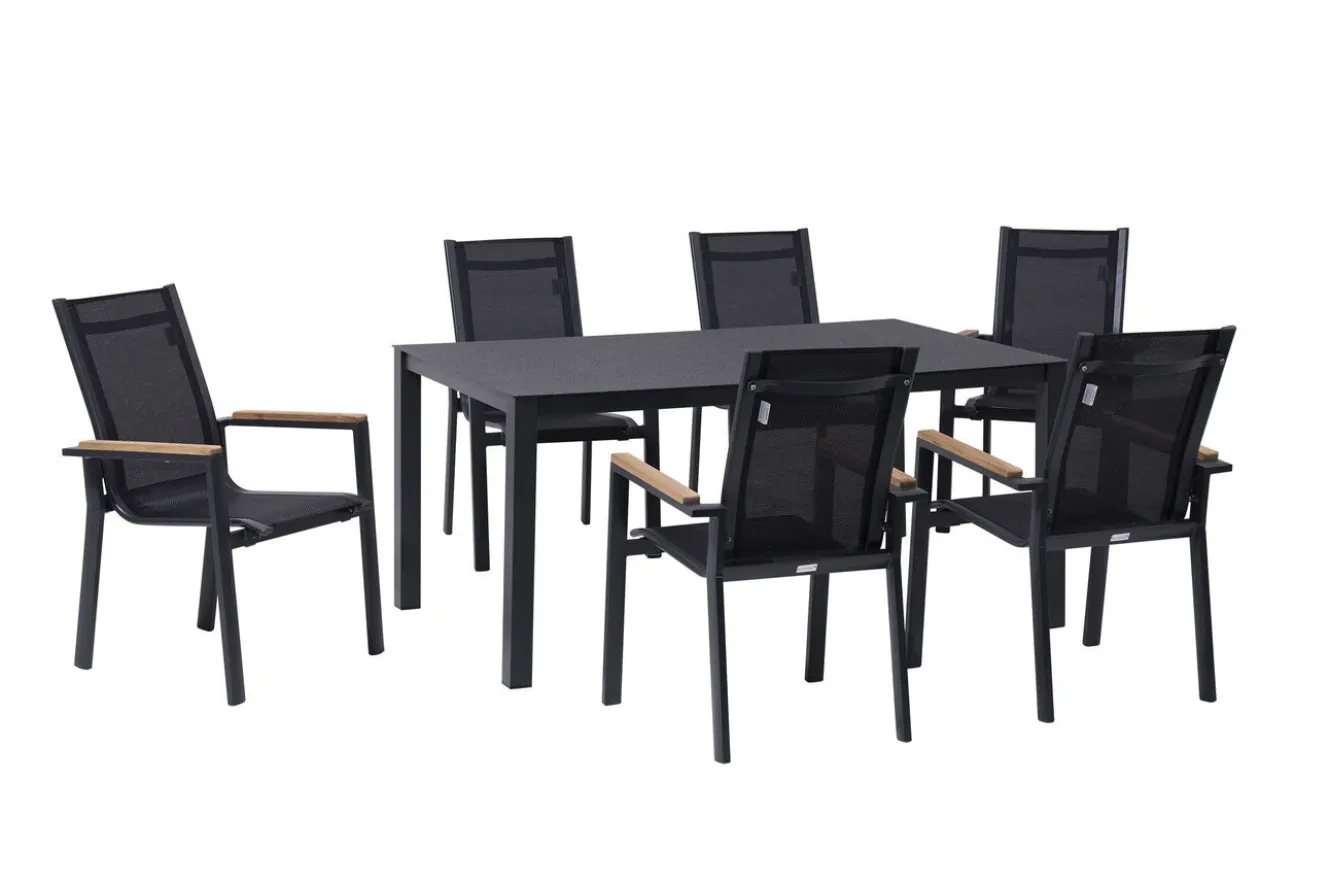 OUTFLEXX Garten-Essgruppe, anthrazit matt, Alu/Spraystone/Textilen, 160x95 cm, 6 Sessel, Teak Armlehnen