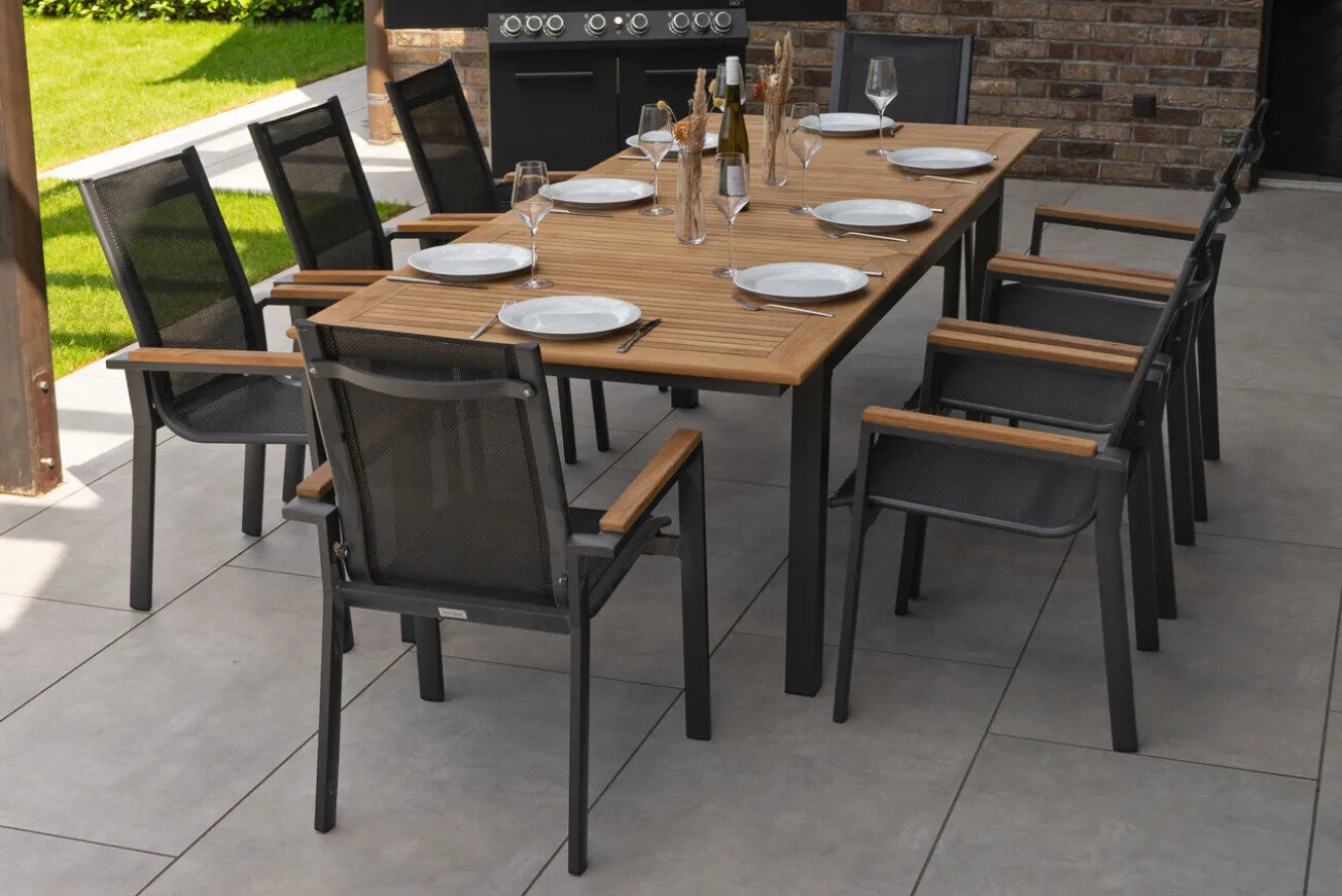 OUTFLEXX Garten-Essgruppe, anthrazit matt, Alu/Textilene, Tisch 180/240 x 100 cm, 8 Stapelsessel