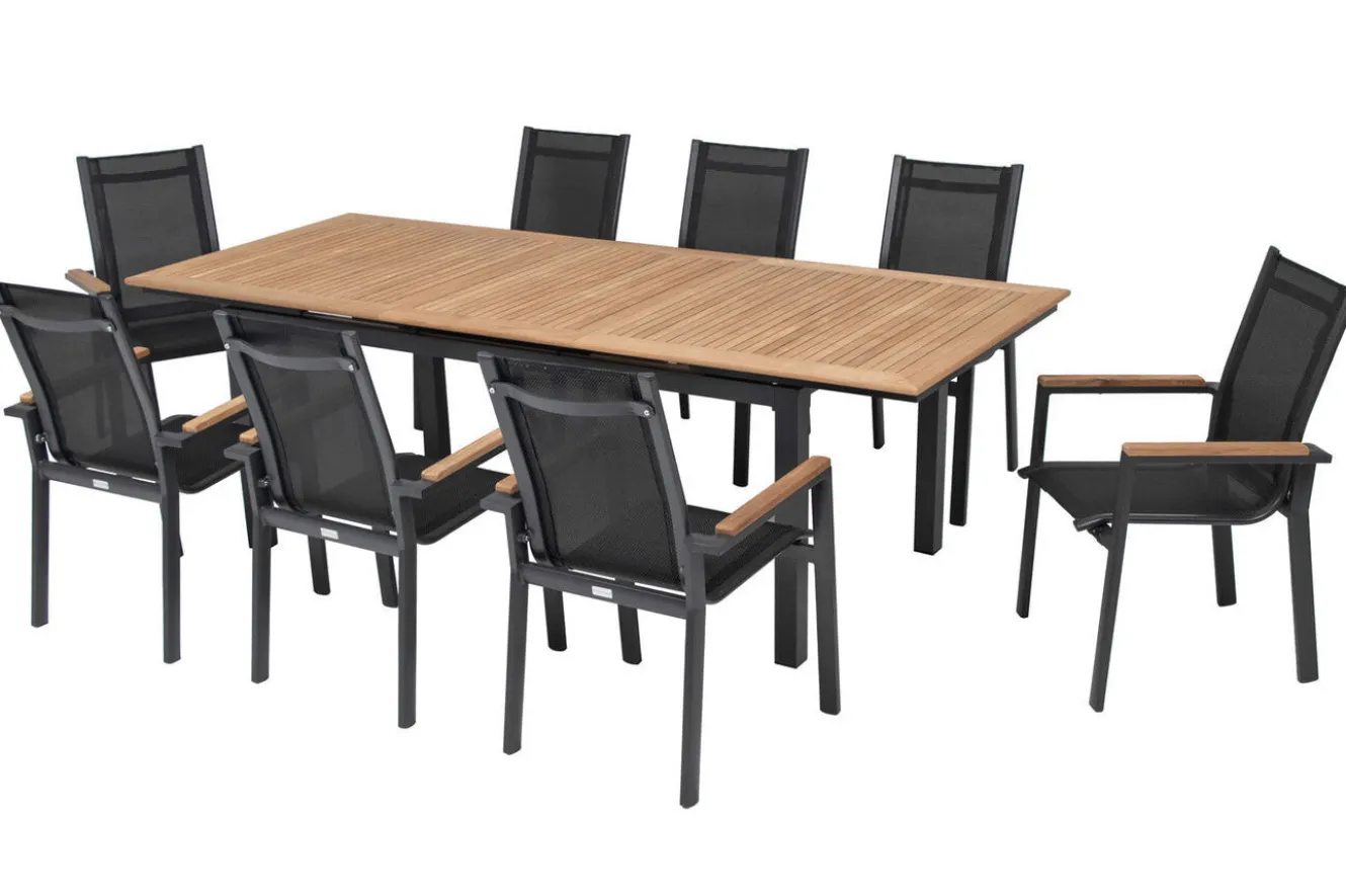OUTFLEXX Garten-Essgruppe, anthrazit matt, Alu/Textilene, Tisch 180/240 x 100 cm, 8 Stapelsessel