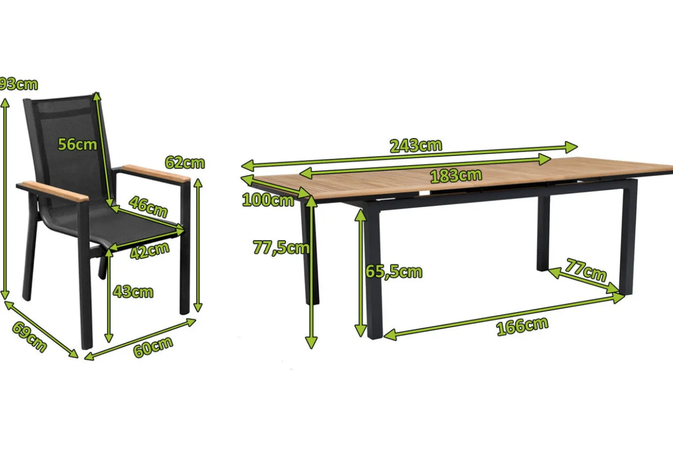 OUTFLEXX Garten-Essgruppe, anthrazit matt, Alu/Textilene, Tisch 180/240 x 100 cm, 8 Stapelsessel