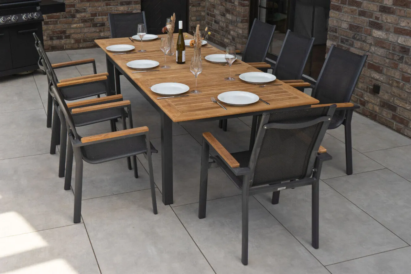 OUTFLEXX Garten-Essgruppe, anthrazit matt, Alu/Textilene, Tisch 180/240 x 100 cm, 8 Stapelsessel