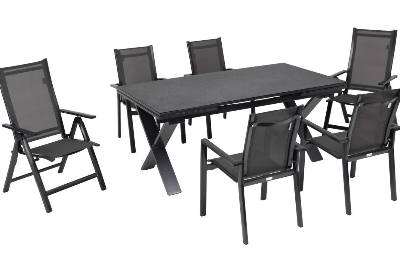 OUTFLEXX Garten-Essgruppe, anthrazit, Alu / Keramik / Textil, 180/280x100cm, 2 Klappstühle, 4 Stapelsessel
