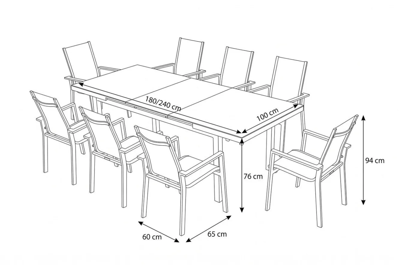 OUTFLEXX Garten-Essgruppe, creme/weiß, Alu/Textilene, Ausziehtisch 180/240 x 100 cm, inkl. 8 Stapelsessel