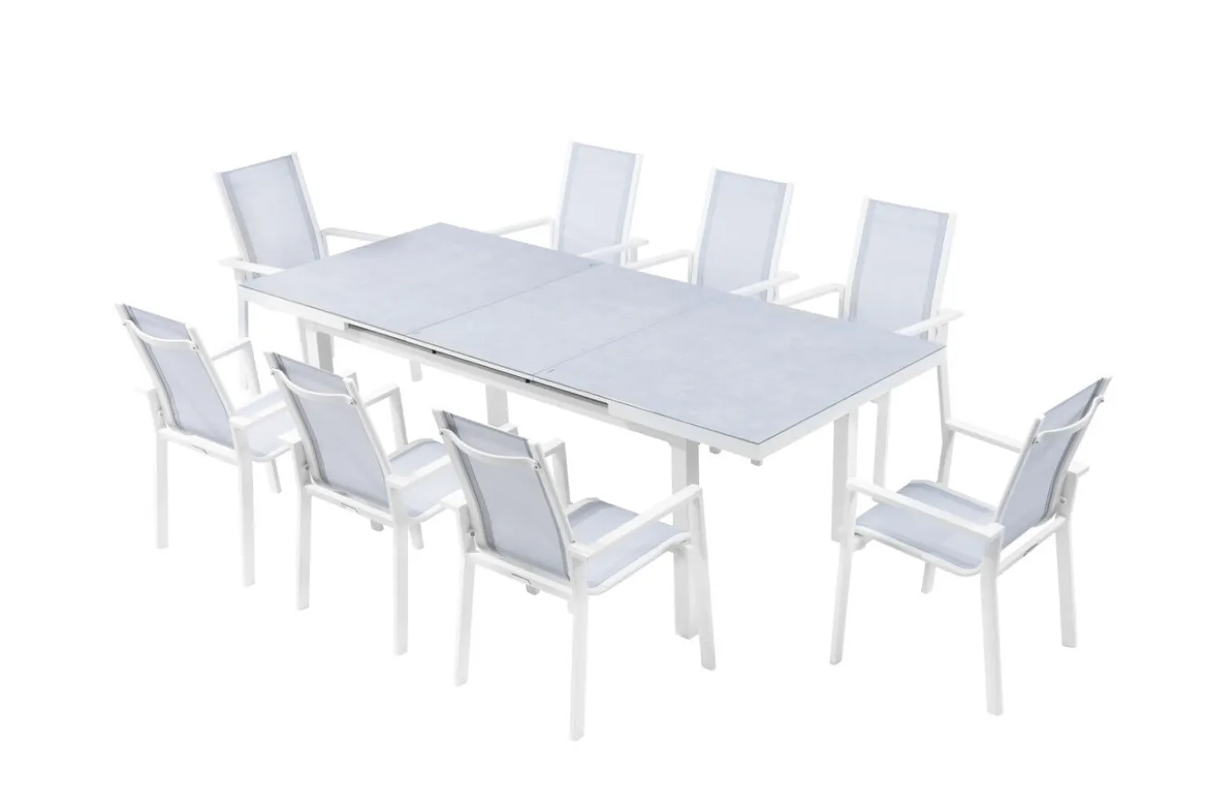 OUTFLEXX Garten-Essgruppe, creme/weiß, Alu/Textilene, Ausziehtisch 180/240 x 100 cm, inkl. 8 Stapelsessel