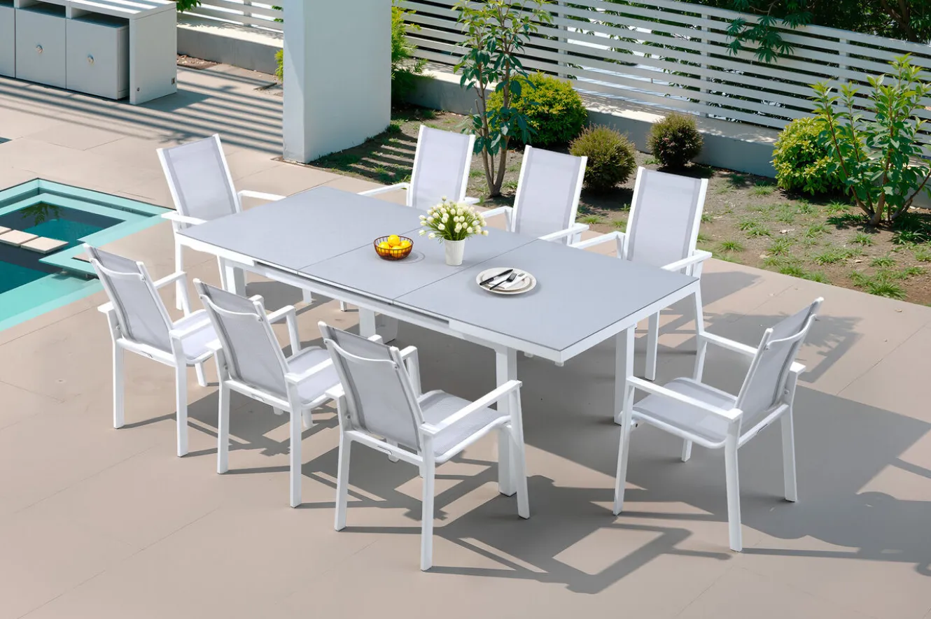 OUTFLEXX Garten-Essgruppe, creme/weiß, Alu/Textilene, Ausziehtisch 180/240 x 100 cm, inkl. 8 Stapelsessel