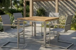 OUTFLEXX Garten-Essgruppe, Edelstahl/recyceltes Teak, Tisch 90 x 90 cm, 4 Freischwinger padded, silber, FSC®-zertifiziertes Produkt