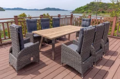 OUTFLEXX Garten-Essgruppe, Edelstahl/recyceltes Teak, Tisch 220x100 cm, 8 Hochlehner- Diningsessel, A-Gestell, FSC®-zertifiziertes Produkt