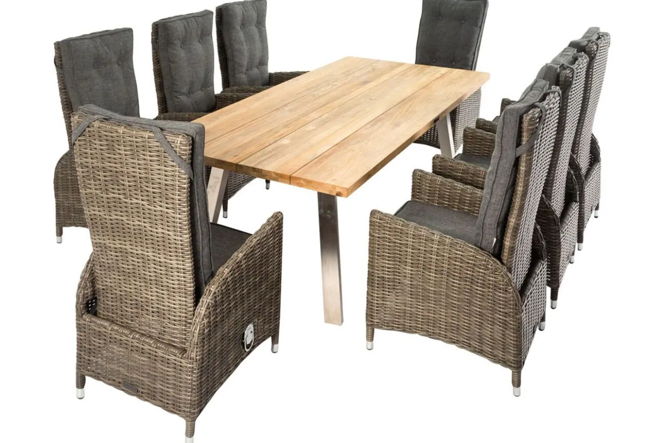 OUTFLEXX Garten-Essgruppe, Edelstahl/recyceltes Teak, Tisch 220x100 cm, 8 Hochlehner- Diningsessel, A-Gestell, FSC®-zertifiziertes Produkt