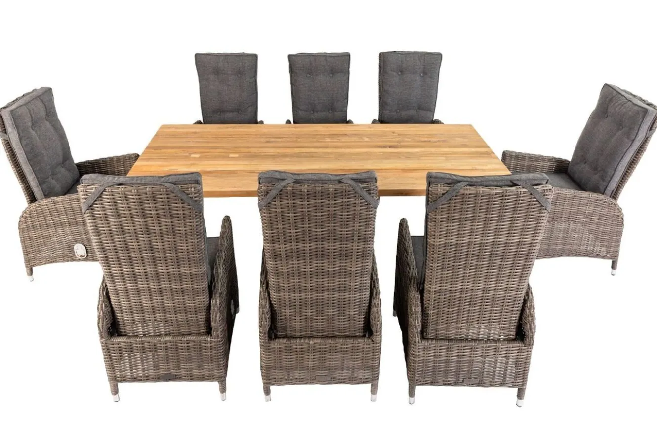OUTFLEXX Garten-Essgruppe, Edelstahl/recyceltes Teak, Tisch 220x100 cm, 8 Hochlehner- Diningsessel, A-Gestell, FSC®-zertifiziertes Produkt