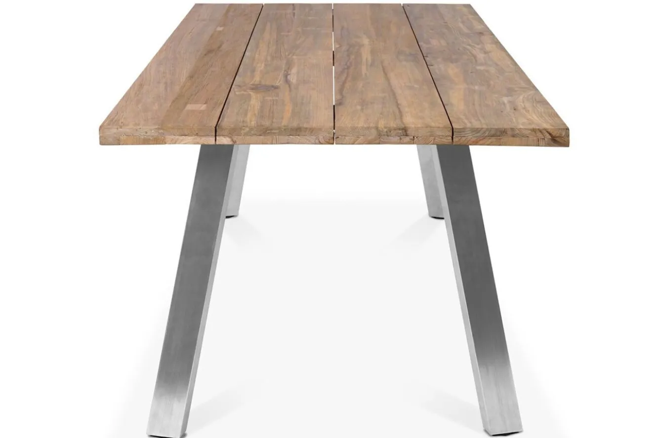 OUTFLEXX Garten-Essgruppe, Edelstahl/recyceltes Teak, Tisch 220x100 cm, 8 Hochlehner- Diningsessel, A-Gestell, FSC®-zertifiziertes Produkt