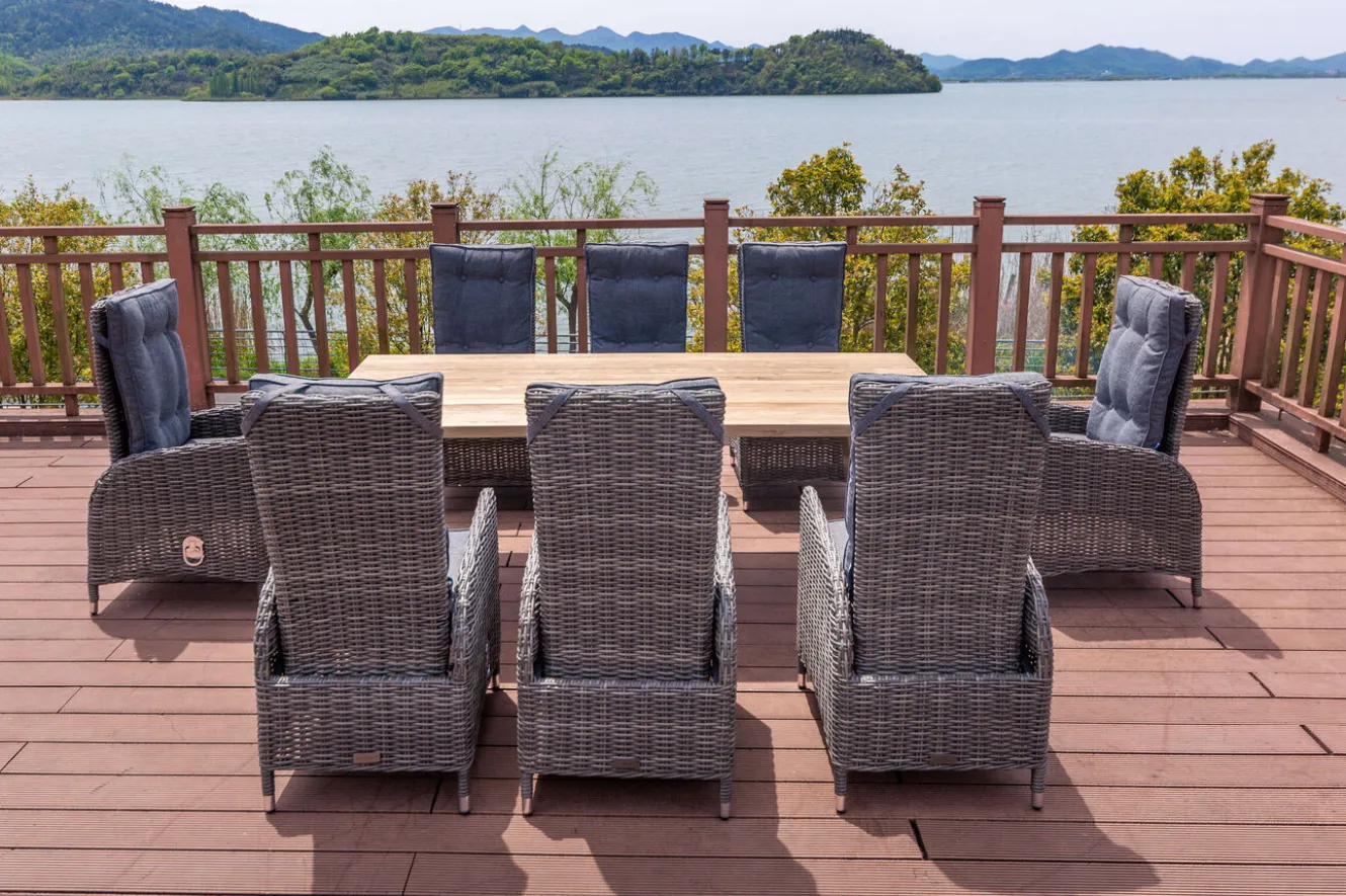 OUTFLEXX Garten-Essgruppe, Edelstahl/recyceltes Teak, Tisch 220x100 cm, 8 Hochlehner- Diningsessel, A-Gestell, FSC®-zertifiziertes Produkt